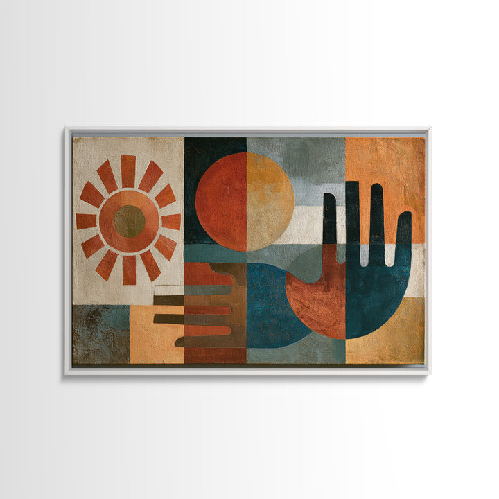 Geometric Sun and Hand Motif Framed Canvas Print, Eclectic Art, Minimalist Decor, Living Room Decor, Abstract Art, Eclectic, ECL-3x2-91