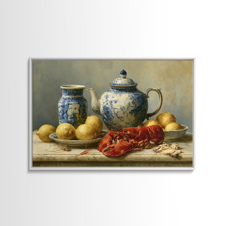 Unexpected Lobster and Lemons Still Life Canvas Print, Eclectic Art, Living Room Decor, Abstract Art, Eclectic, ECL-3x2-94