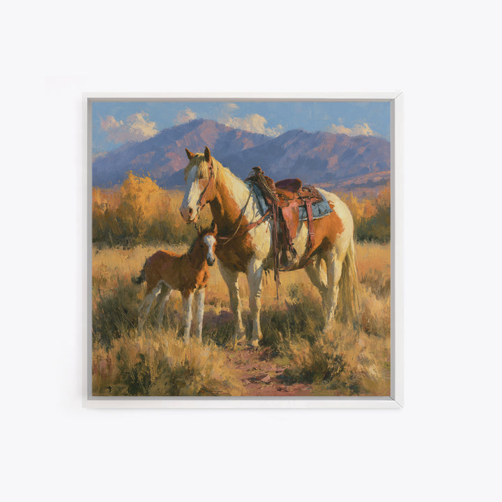 Horse and Foal Framed Canvas Print, Equestrian Art, Wall Decor, Living Room Decor, Oil Painting, Equestrian, Unique Wall Art, EQU-1x1-12