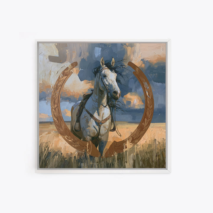 Equestrian Crest with Laurel and Horseshoe Canvas Print, Equestrian Art, Western Decor, Living Room Decor, Oil Painting, EQU-1x1-22