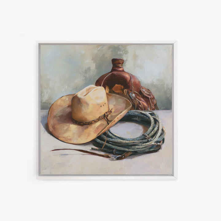Cowgirl Hat and Reins Still Life Canvas Print, Equestrian Art, Western Decor, Living Room Decor, Fine Art, Equestrian, EQU-1x1-35