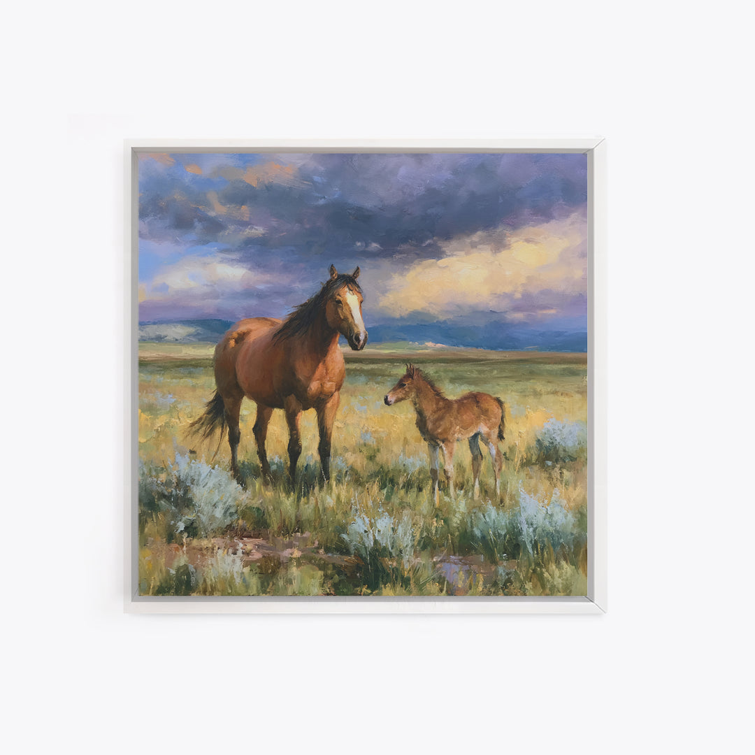 Horse and Foal Canvas Print, Equestrian Art, Digital Print, Living Room Decor, Equestrian, Moody Wall Art, Green Wall Art, EQU-1x1-36