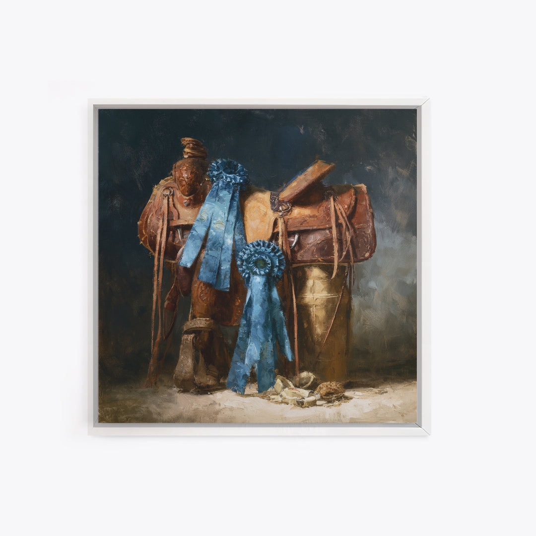 Blue Ribbon and Saddle Competition Still Life Canvas Print, Equestrian Art, Gallery Decor, Living Room Decor, Equestrian, EQU-1x1-41