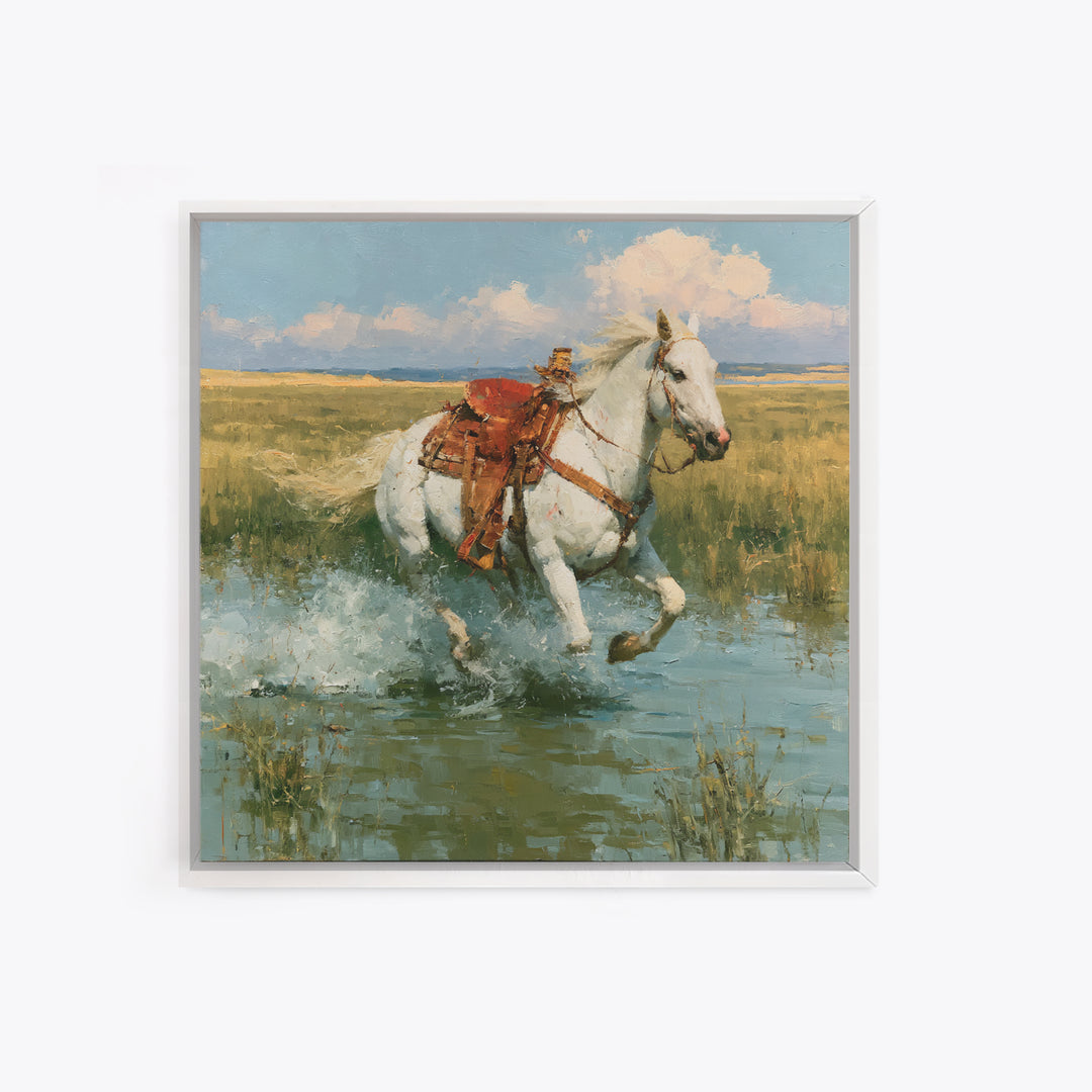 White Horse Running Through Shallow Water Canvas Print, Equestrian Art, Retro Poster, Living Room Decor, Fine Art, Equestrian, EQU-1x1-5