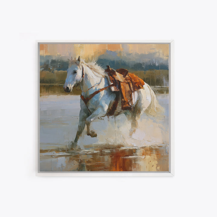 White Horse Running Through Shallow Water Framed Canvas Print, Equestrian Art, Fine Art Print, Living Room Decor, Equestrian, EQU-1x1-53