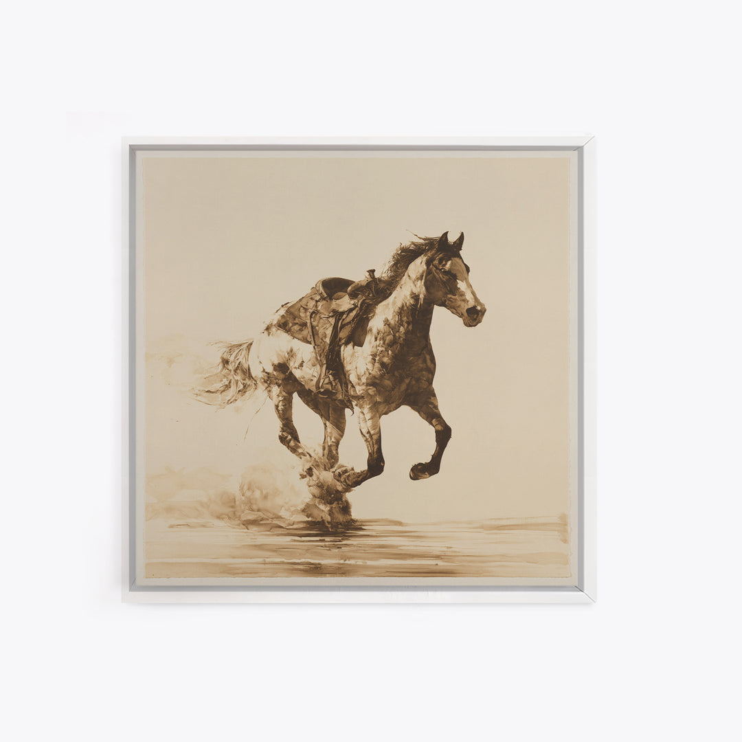 Minimal Horse Contour Drawing on Cream Paper Canvas Print, Equestrian Art, Antique Oil Painting, Living Room Decor, Equestrian, EQU-1x1-61