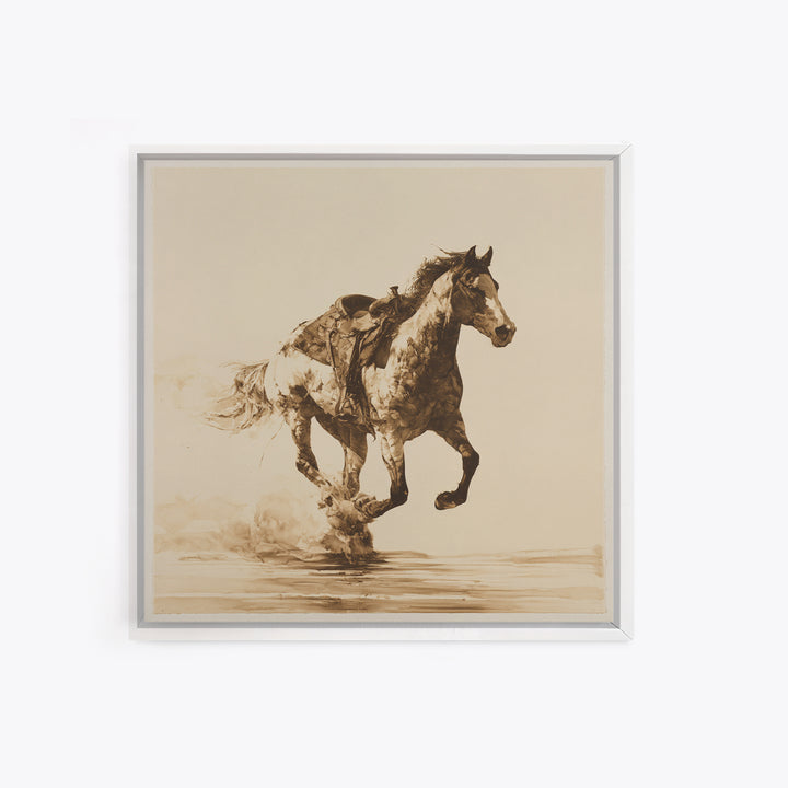Minimal Horse Contour Drawing on Cream Paper Canvas Print, Equestrian Art, Antique Oil Painting, Living Room Decor, Equestrian, EQU-1x1-61