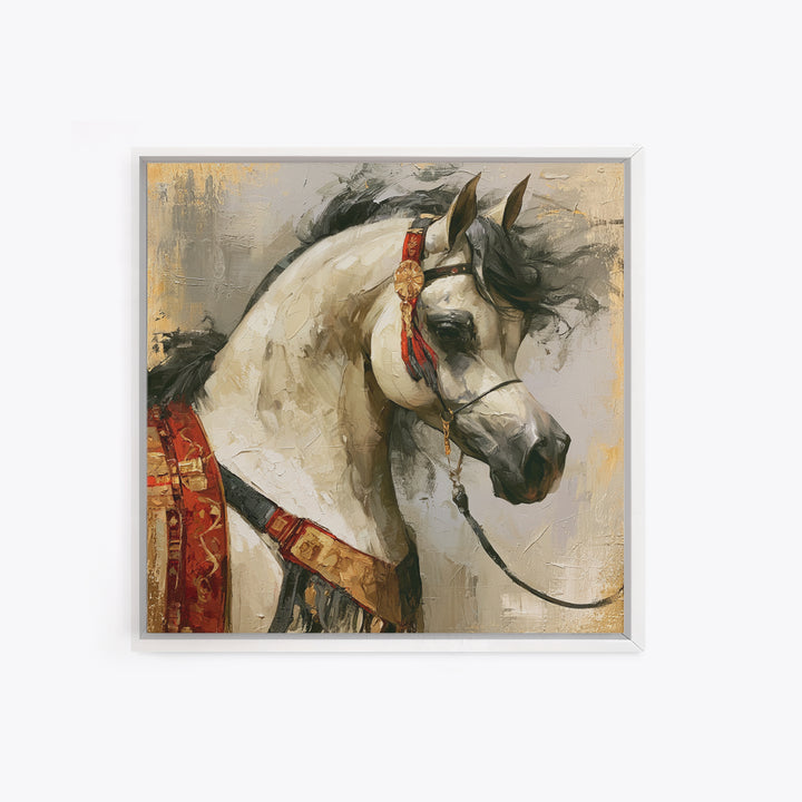 Arabian Horse with Ornate Tack and Silk Canvas Print, Equestrian Art, Antique Oil Painting, Living Room Decor, Equestrian, EQU-1x1-63