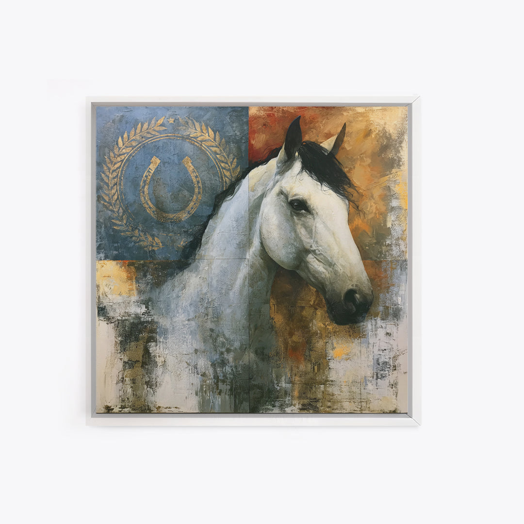 Equestrian Crest with Laurel and Horseshoe Canvas Print, Equestrian Art, Western Wall Art, Living Room Decor, Equestrian, EQU-1x1-70