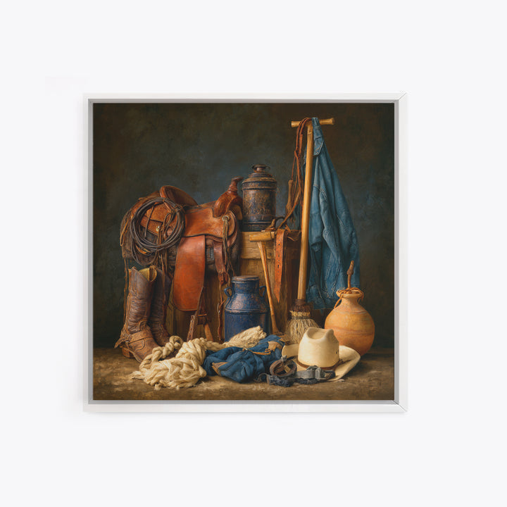 Stable Tools Arranged Like Old Master Still Framed Canvas Print, Equestrian Art, Gallery Wall, Living Room Decor, Equestrian, EQU-1x1-71