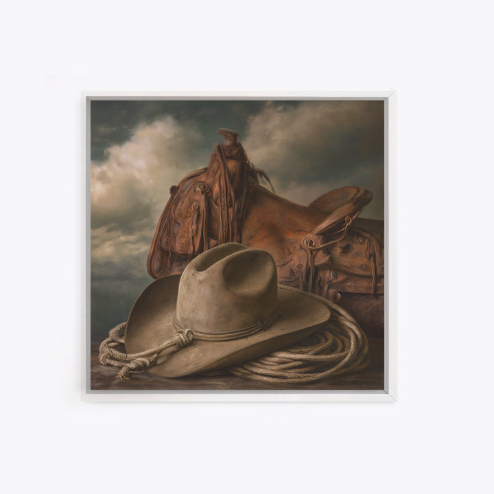 Cowgirl Hat and Reins Still Life Framed Canvas Print, Equestrian Art, Statement Artwork, Living Room Decor, Equestrian, EQU-1x1-83