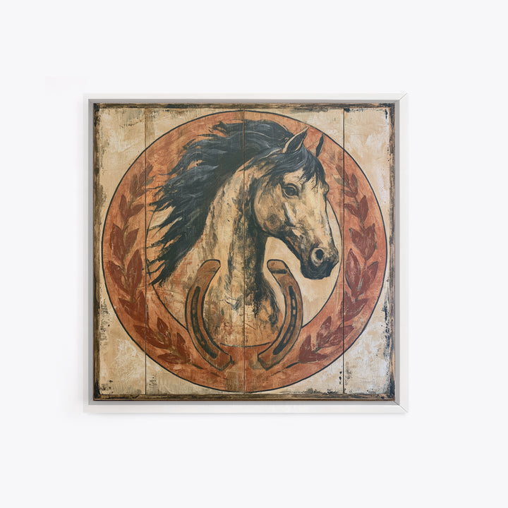 Equestrian Crest with Laurel and Horseshoe Canvas Print, Equestrian Art, Western Art, Living Room Decor, Fine Art, Equestrian, EQU-1x1-94