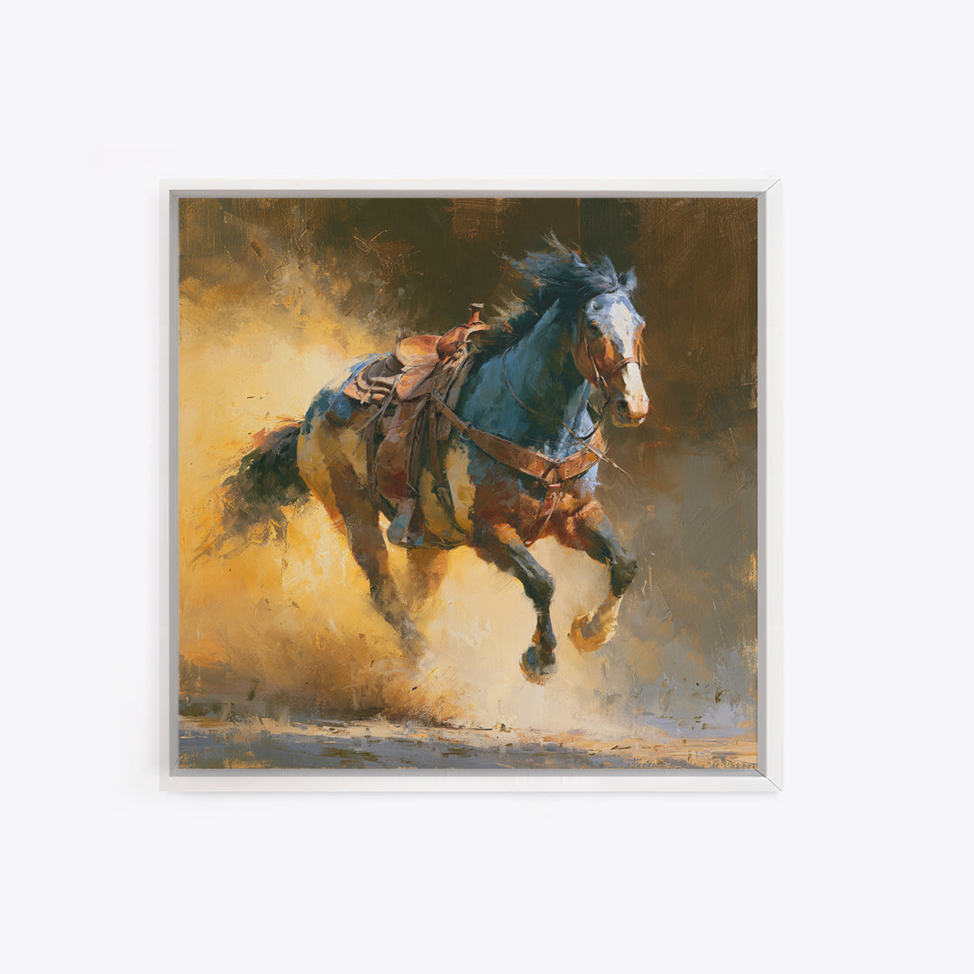 Galloping Horse in Golden Dust and Sunlight Canvas Print, Equestrian Art, Wall Art, Living Room Decor, Oil Painting, Equestrian, EQU-1x1-97