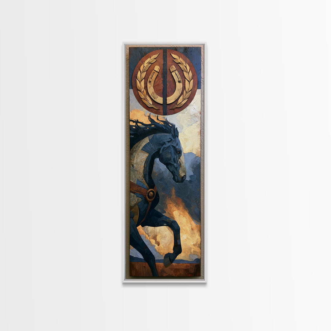 Equestrian Crest with Laurel and Horseshoe Canvas Print, Equestrian Art, Abstract Painting, Living Room Decor, Equestrian, EQU-1x3-10