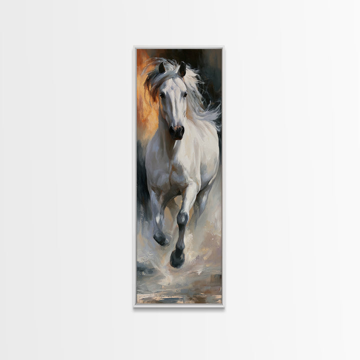 White Horse Running Through Shallow Water Canvas Print, Equestrian Art, Room Decor, Living Room Decor, Fine Art, Equestrian, EQU-1x3-17