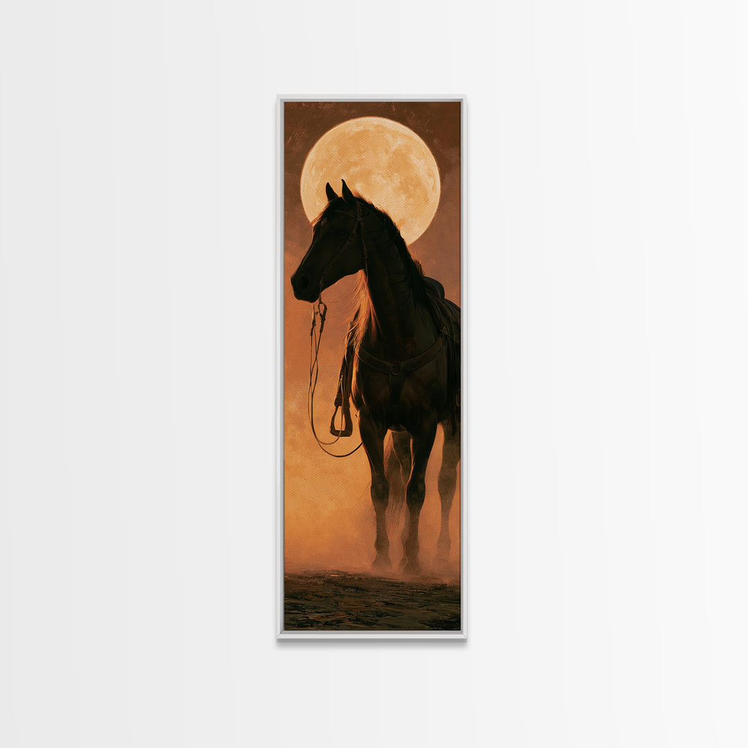 Horse Silhouette under a Huge Western Moon Framed Canvas Print, Equestrian Art, Home Decor, Living Room Decor, Equestrian, EQU-1x3-52