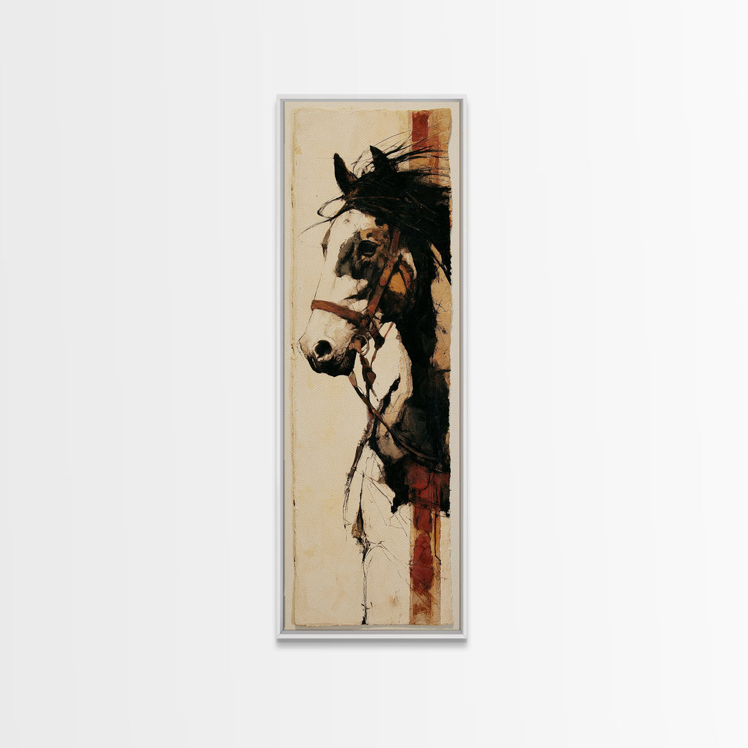 Minimal Horse Contour Drawing on Cream Paper Canvas Print, Equestrian Art, Oil Painting, Living Room Decor, Equestrian, EQU-1x3-73