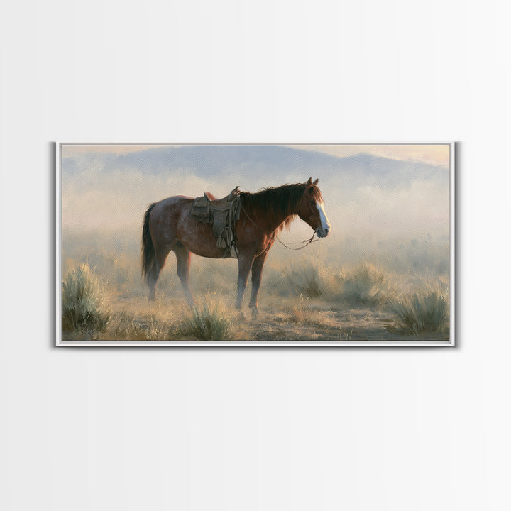 Horse in Misty Pasture with Peaceful Mood Canvas Print, Equestrian Art, Statement Artwork, Living Room Decor, Equestrian, EQU-2x1-20