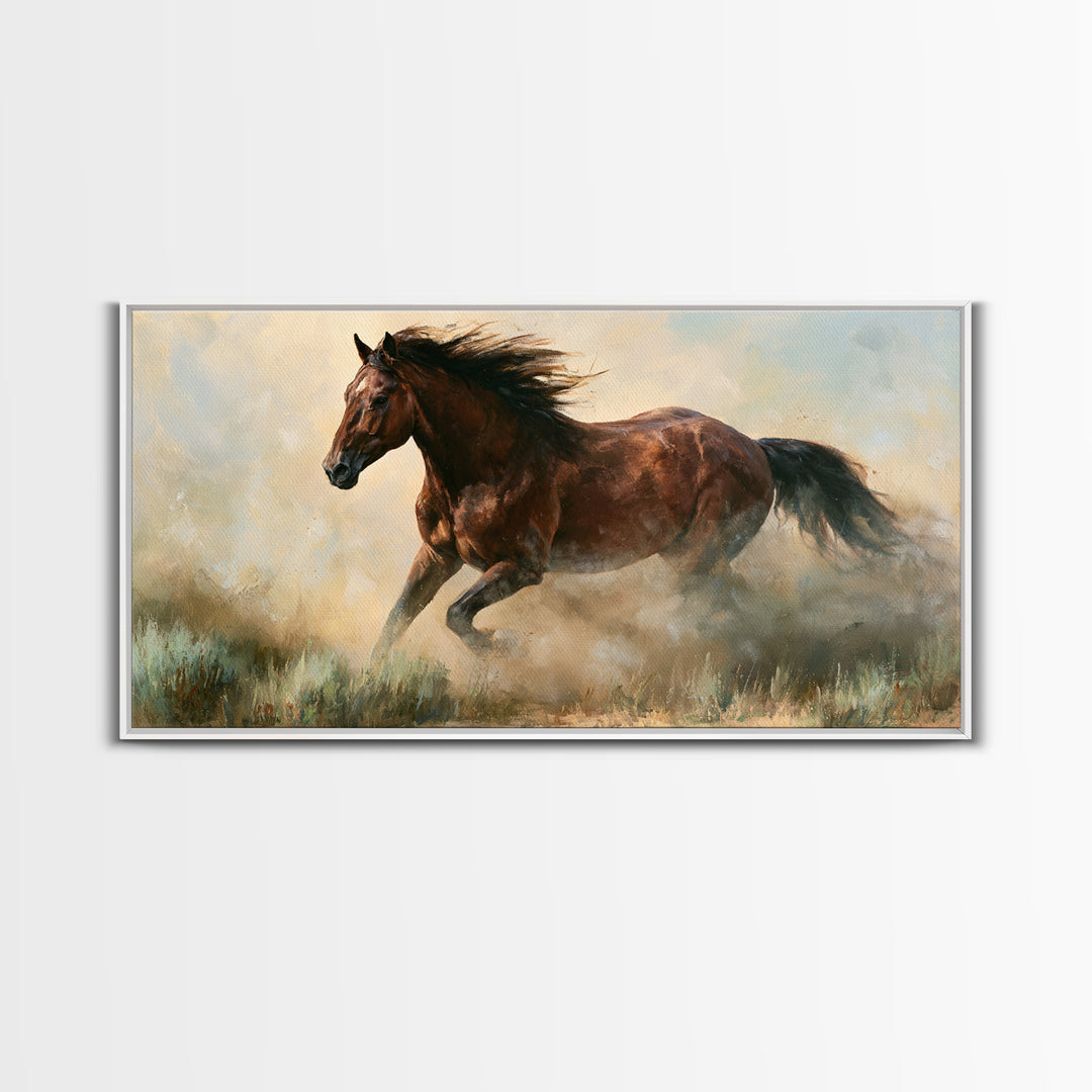Galloping Horse in Golden Dust and Sunlight Canvas Print, Equestrian Art, Wall Art, Living Room Decor, Oil Painting, Equestrian, EQU-2x1-21