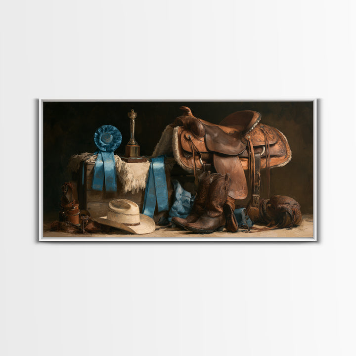 Blue Ribbon and Saddle Competition Still Life Canvas Print, Equestrian Art, Minimalist Decor, Living Room Decor, Equestrian, EQU-2x1-37