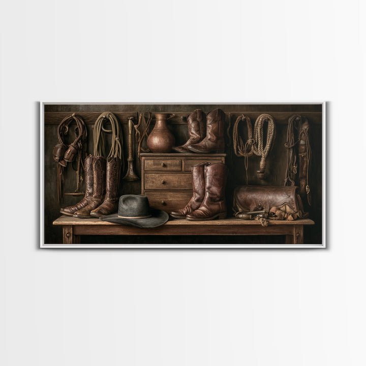 Stable Tools Arranged Like Old Master Still Framed Canvas Print, Equestrian Art, Retro Poster, Living Room Decor, Equestrian, EQU-2x1-67
