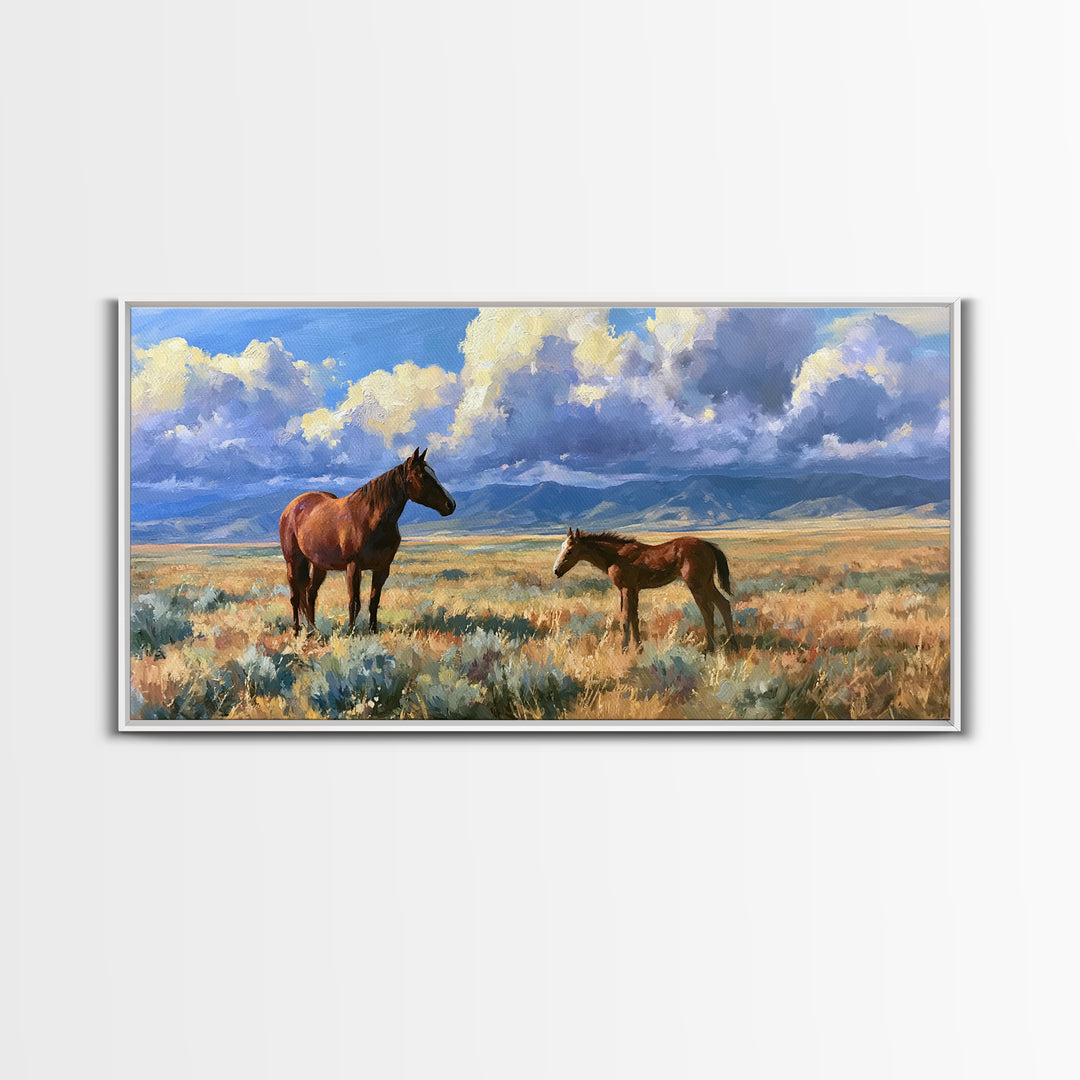 Horse and Foal Framed Canvas Print, Equestrian Art, Modern Wall Art, Living Room Decor, Oil Painting, Equestrian, Western Art, EQU-2x1-80