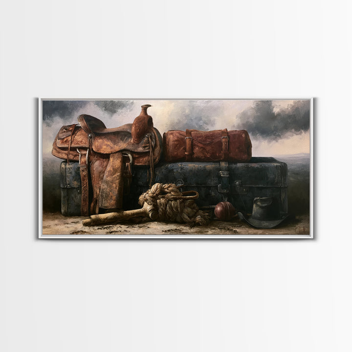 Stable Tools Arranged Like Old Master Still Framed Canvas Print, Equestrian Art, Large Wall Art, Living Room Decor, Equestrian, EQU-2x1-91