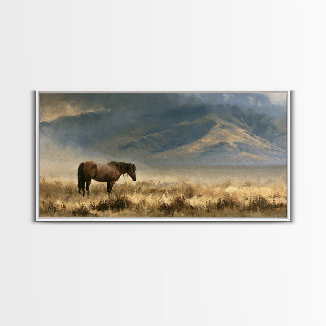 Horse in Misty Pasture with Peaceful Mood Canvas Print, Equestrian Art, Boho Wall Art, Living Room Decor, Equestrian, EQU-2x1-92