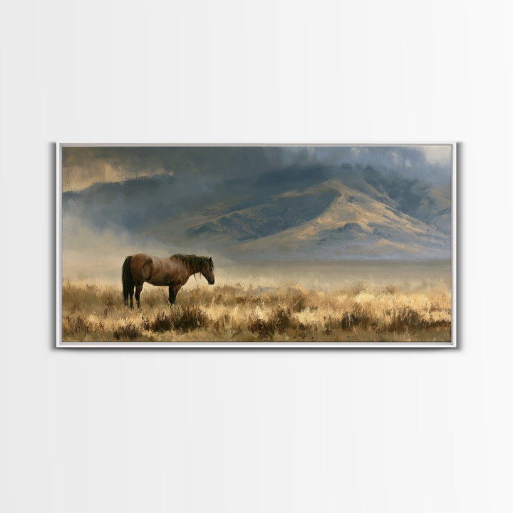 Horse in Misty Pasture with Peaceful Mood Canvas Print, Equestrian Art, Boho Wall Art, Living Room Decor, Equestrian, EQU-2x1-92