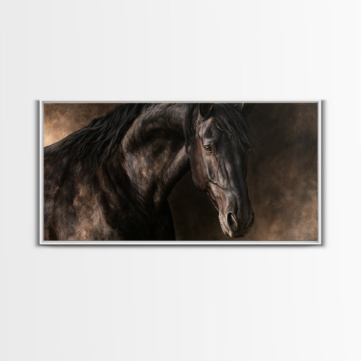 Black Horse Portrait on Deep Charcoal Background Canvas Print, Equestrian Art, Wall Decor, Living Room Decor, Equestrian, EQU-2x1-94