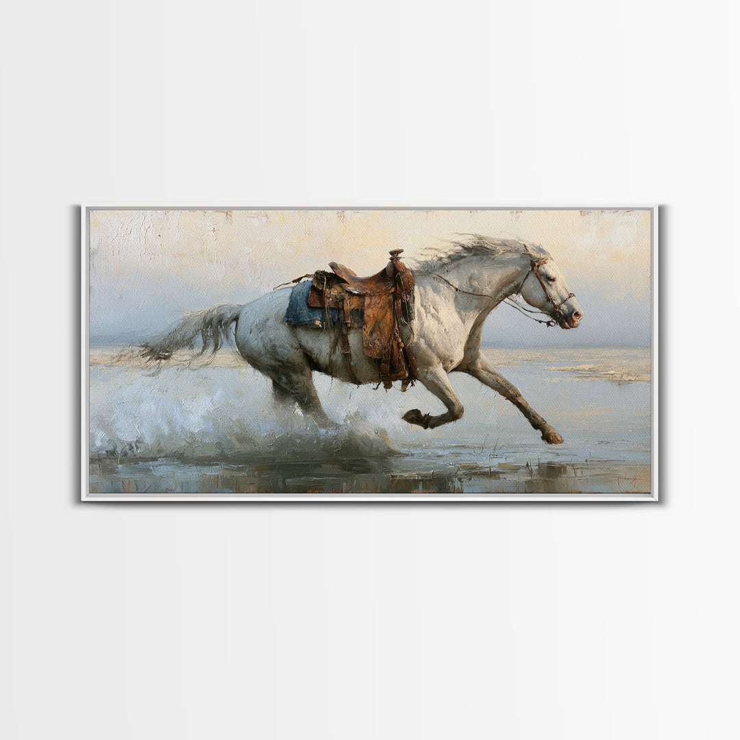 White Horse Running Through Shallow Water Framed Canvas Print, Equestrian Art, Living Room Decor, Fine Art, Equestrian, EQU-2x1-97