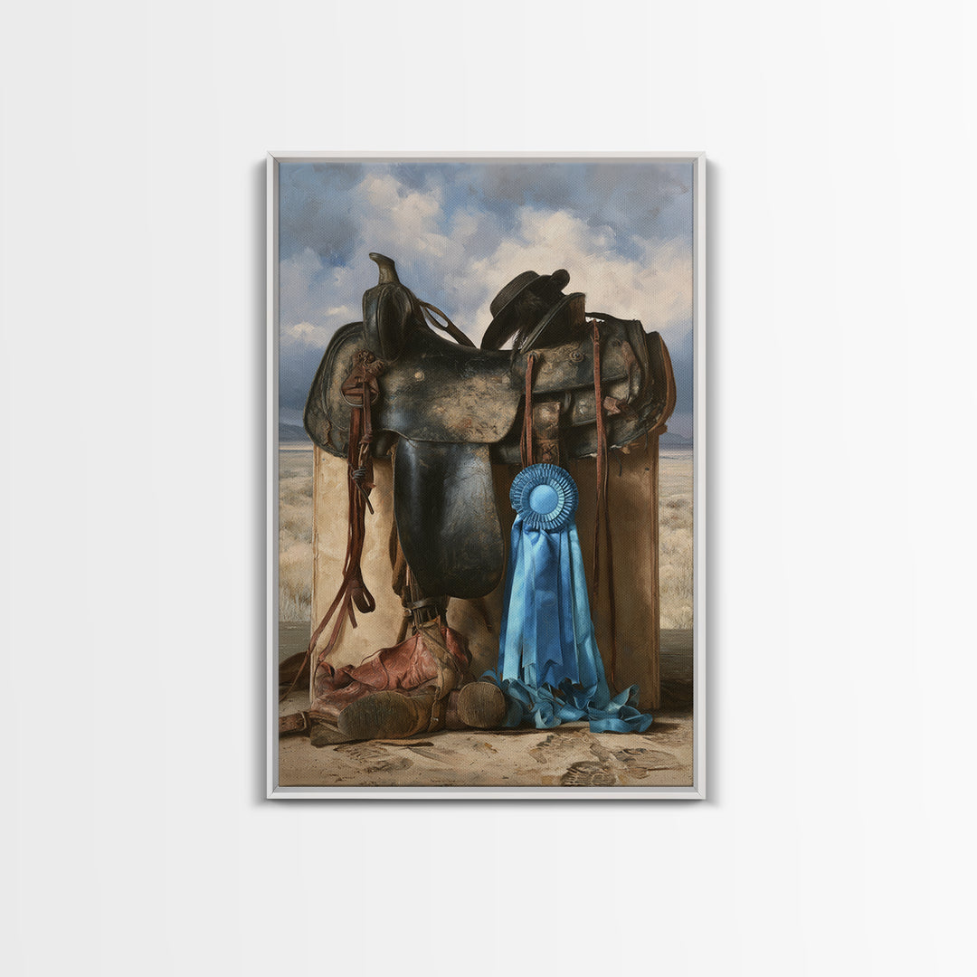 Blue Ribbon and Saddle Competition Still Life Framed Canvas Print, Equestrian Art, Wall Art, Living Room Decor, Equestrian, EQU-2x3-1