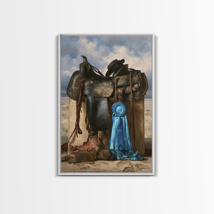 Blue Ribbon and Saddle Competition Still Life Framed Canvas Print, Equestrian Art, Wall Art, Living Room Decor, Equestrian, EQU-2x3-1