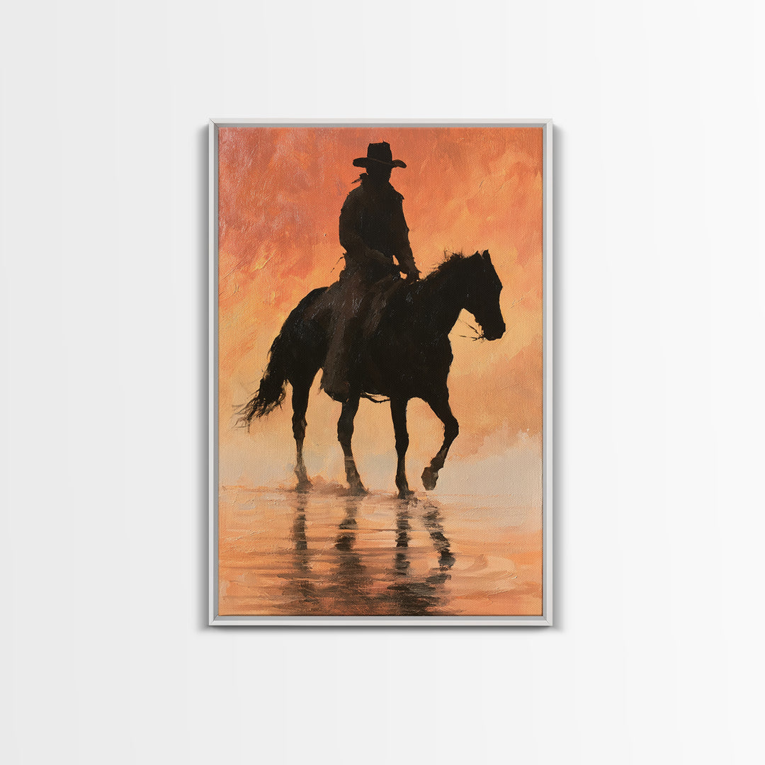 Equestrian Rider Silhouette at Sunrise Canvas Print, Equestrian Art, Antique Oil Painting, Living Room Decor, Abstract Art, EQU-2x3-11