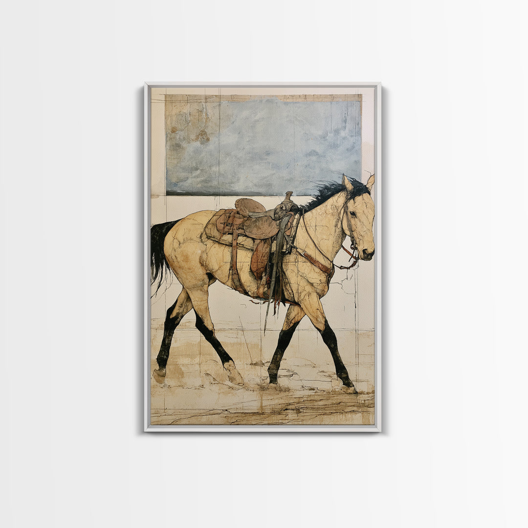 Minimal Horse Contour Drawing on Cream Paper Canvas Print, Equestrian Art, Oil Painting, Living Room Decor, Equestrian, EQU-2x3-45