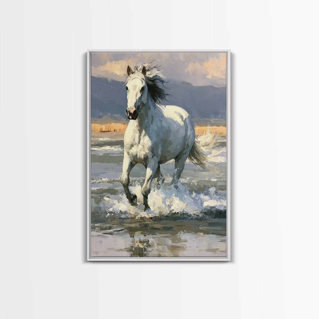 White Horse Running Through Shallow Water Canvas Print, Equestrian Art, Digital Print, Living Room Decor, Fine Art, Equestrian, EQU-2x3-61