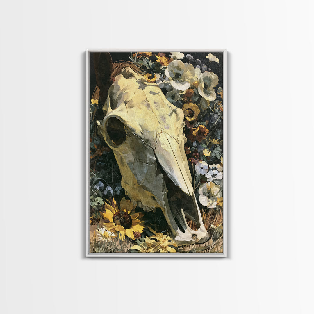 Horse Skull with Desert Flowers in Western Canvas Print, Equestrian Art, Living Room Decor, Equestrian, Farmhouse Wall Art, EQU-2x3-77