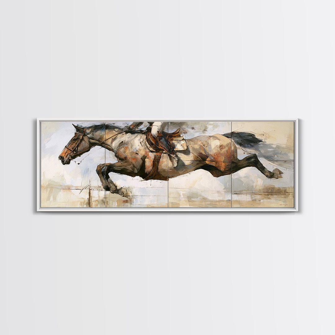 Show Jumping Horse Mid Leap Framed Canvas Print, Equestrian Art, Boho Decor, Living Room Decor, Fine Art, Equestrian, EQU-3x1-23
