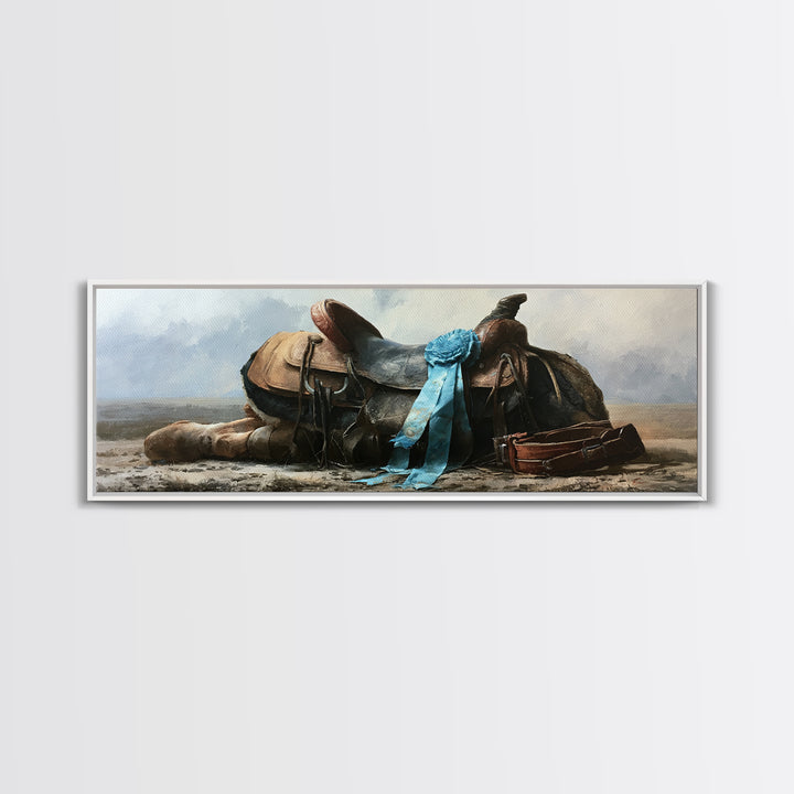 Blue Ribbon and Saddle Competition Still Life Canvas Print, Equestrian Art, Moody Wall Art, Living Room Decor, Equestrian, EQU-3x1-57