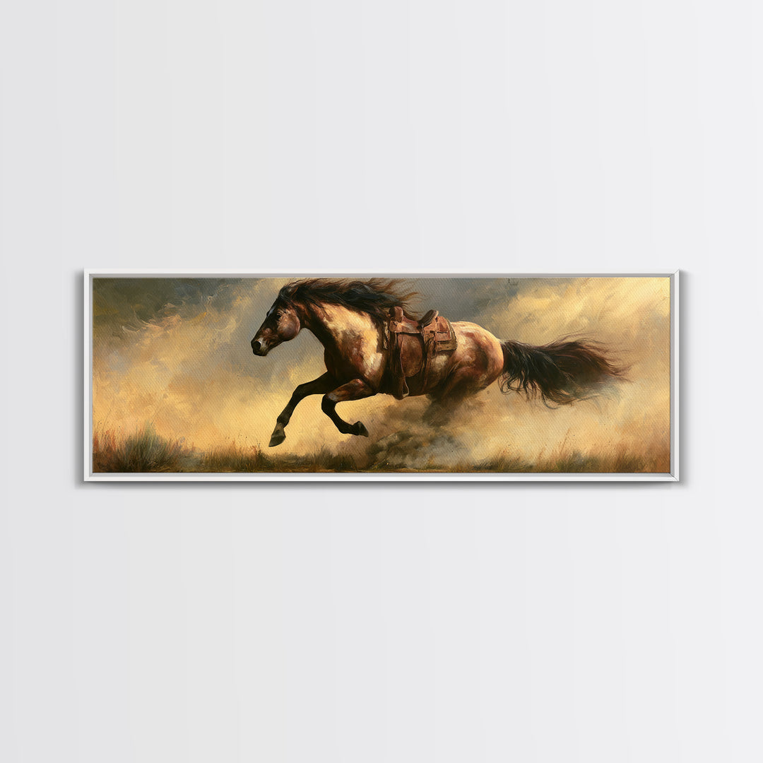 Galloping Horse in Golden Dust and Sunlight Canvas Print, Equestrian Art, Western Art, Living Room Decor, Equestrian, EQU-3x1-89