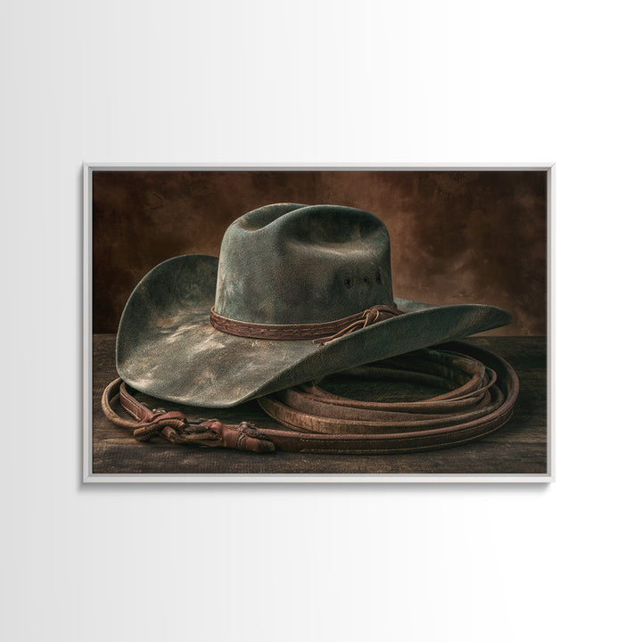 Cowgirl Hat and Reins Still Life Framed Canvas Print, Equestrian Art, Digital Print, Living Room Decor, Fine Art, Equestrian, EQU-3x2-15