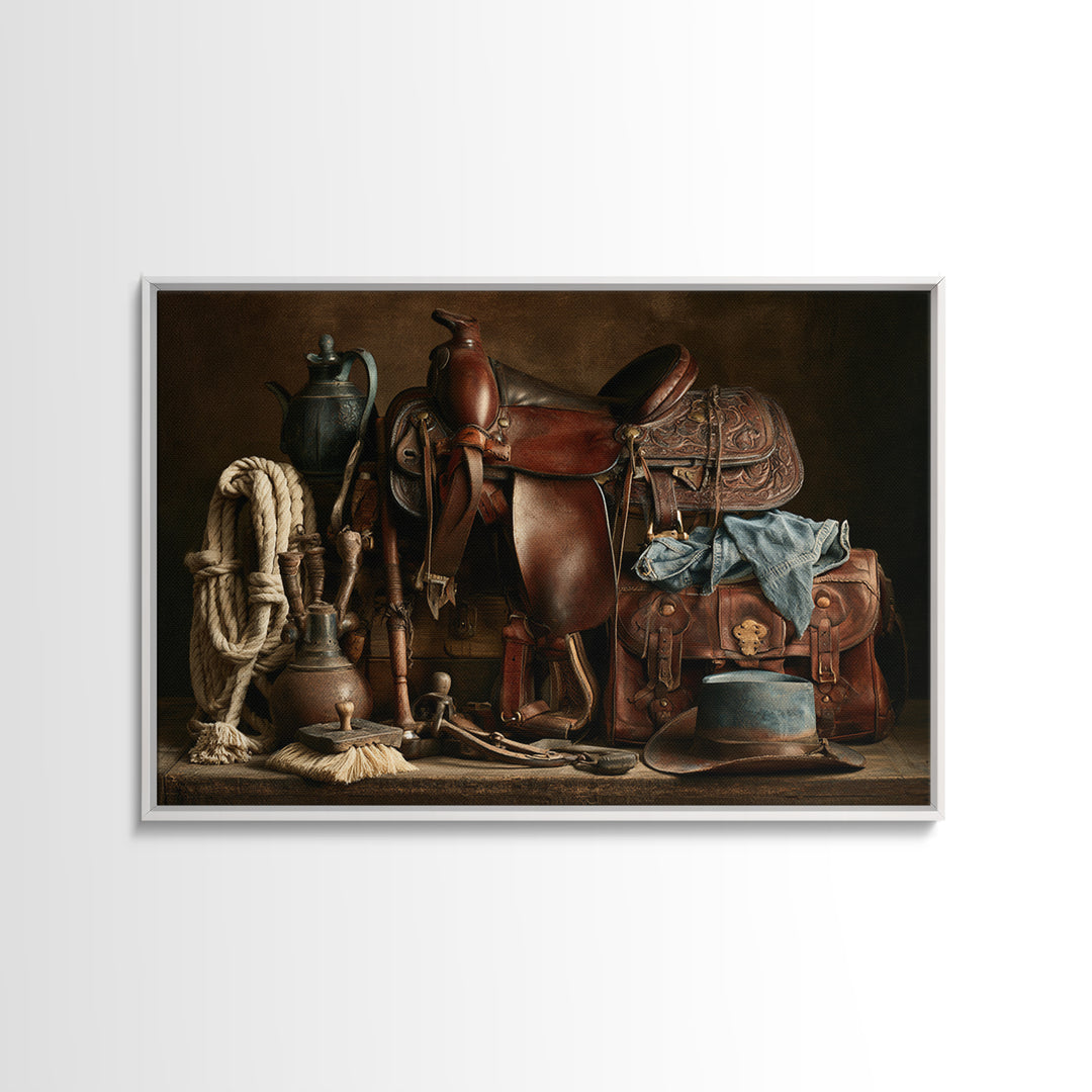 Stable Tools Arranged Like Old Master Still Canvas Print, Equestrian Art, Boho Wall Art, Living Room Decor, Equestrian, EQU-3x2-3
