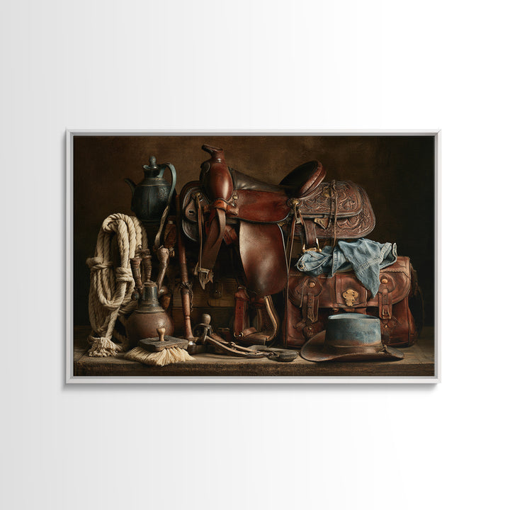Stable Tools Arranged Like Old Master Still Canvas Print, Equestrian Art, Boho Wall Art, Living Room Decor, Equestrian, EQU-3x2-3