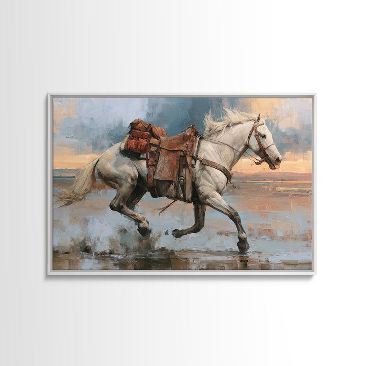 White Horse Running Through Shallow Water Canvas Print, Equestrian Art, Cabin Decor, Living Room Decor, Fine Art, Equestrian, EQU-3x2-33