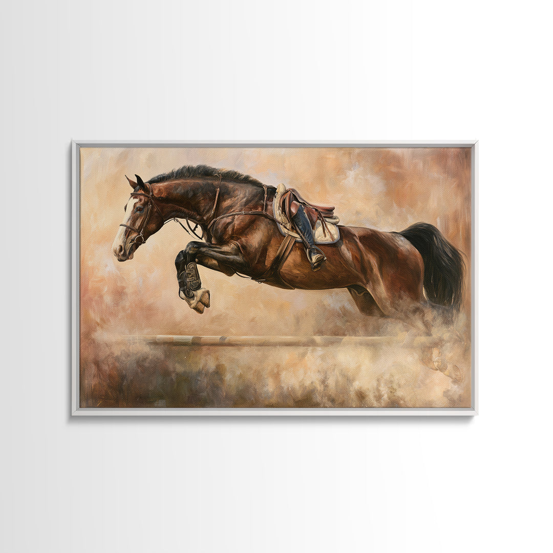 Show Jumping Horse Mid Leap Framed Canvas Print, Equestrian Art, Gallery Wall Art, Living Room Decor, Fine Art, Equestrian, EQU-3x2-35