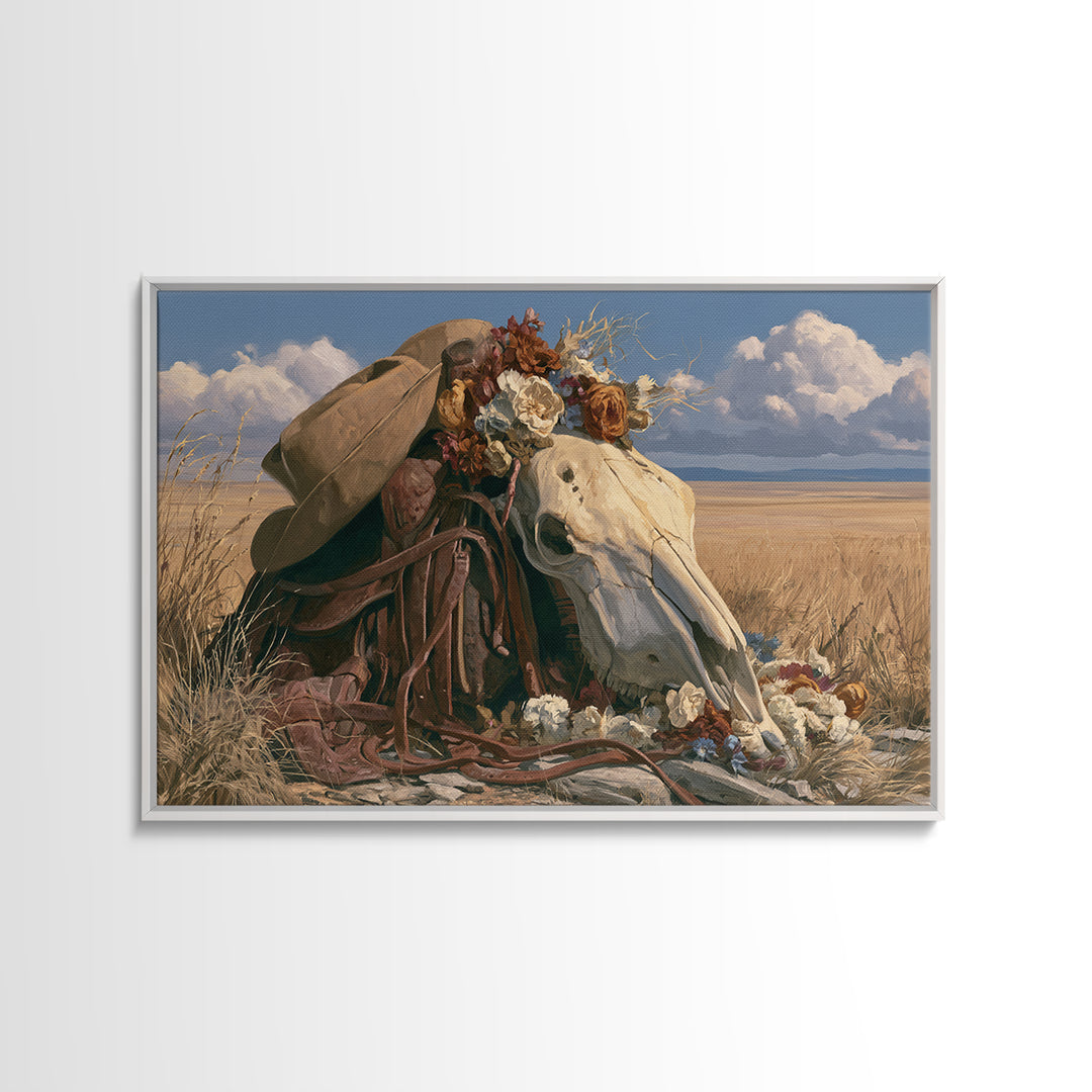 Horse Skull with Desert Flowers in Western Canvas Print, Equestrian Art, French Country Decor, Living Room Decor, Equestrian, EQU-3x2-49