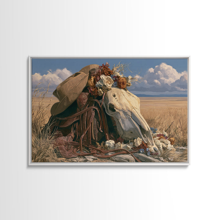 Horse Skull with Desert Flowers in Western Canvas Print, Equestrian Art, French Country Decor, Living Room Decor, Equestrian, EQU-3x2-49