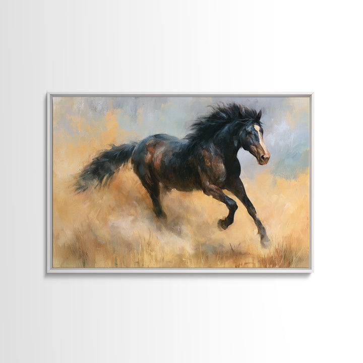 Galloping Horse in Golden Dust and Sunlight Canvas Print, Equestrian Art, Abstract Painting, Living Room Decor, Equestrian, EQU-3x2-5