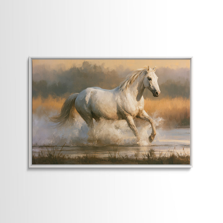 White Horse Running Through Shallow Water Canvas Print, Equestrian Art, Cabin Decor, Living Room Decor, Fine Art, Equestrian, EQU-3x2-57