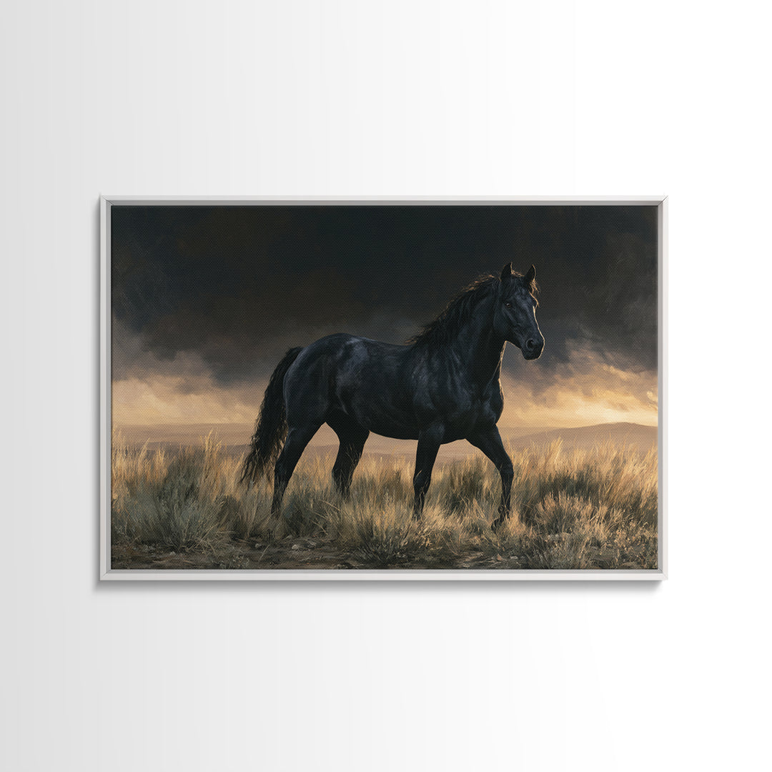 Black Horse Portrait on Deep Charcoal Background Canvas Print, Equestrian Art, Green Wall Art, Living Room Decor, Equestrian, EQU-3x2-78